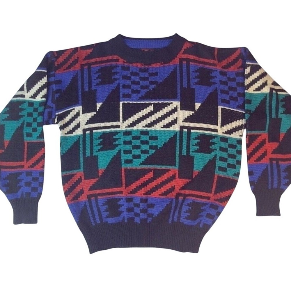 Oakton Limited Geometric Knit Sweater Large Multicolor Vintage Crewneck